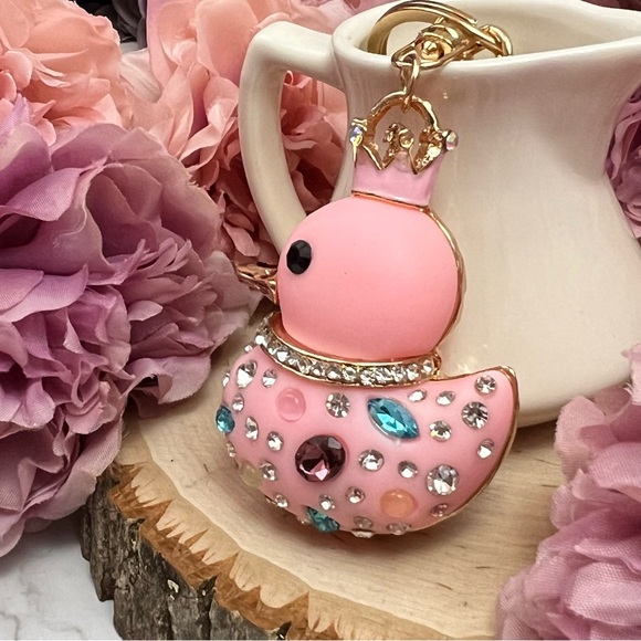 Pink Jeweled Duck with Crystals and Crown Keychain Charm - Picture 2 of 13